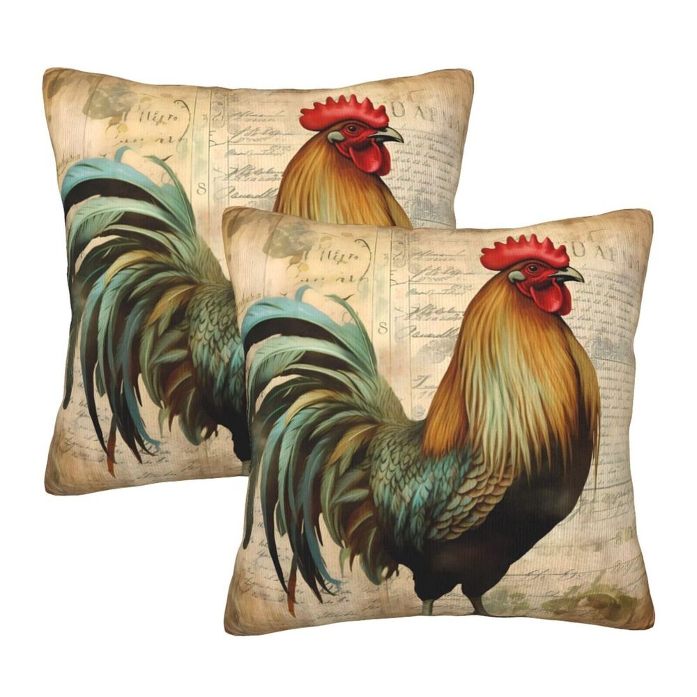 9502 Rooster Vintage Throw Pillow Covers 18 X 18 Inch Set of 2 Pillow Cases